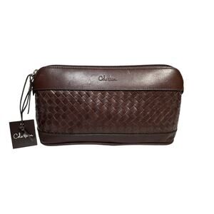 Cole Haan Brown Woven Leather Travel Toiletry Bag Shave Dopp Kit Makeup Case NEW